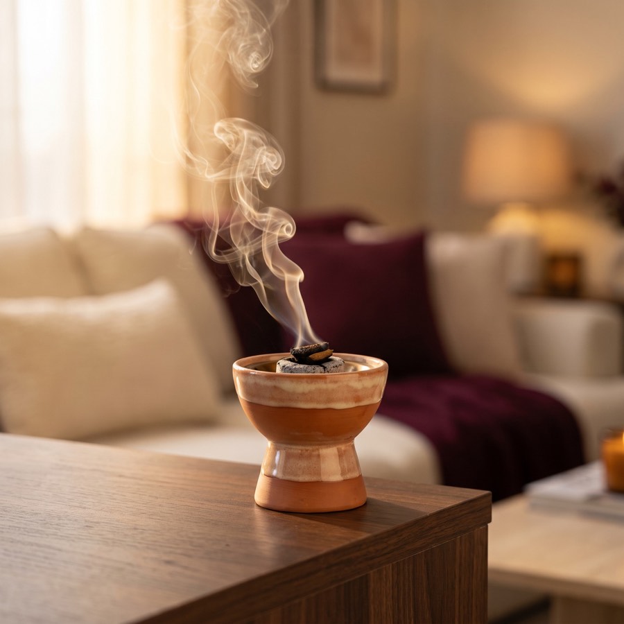 Mabkhara met brandende bakhoor in een warme woonkamer